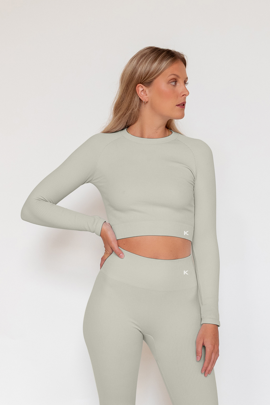 The seamless anf ribbed long sleeve crop top in sage yoou need in your closet.
